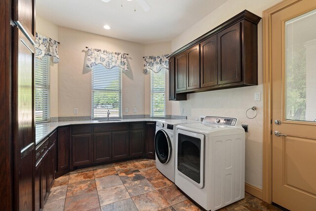 2051 E Oak Shores Dr, Cross Roads, TX 76227 - washroom with washing machine and clothes dryer, cabinet space, stone finish floors, recessed lighting, and a ceiling fan