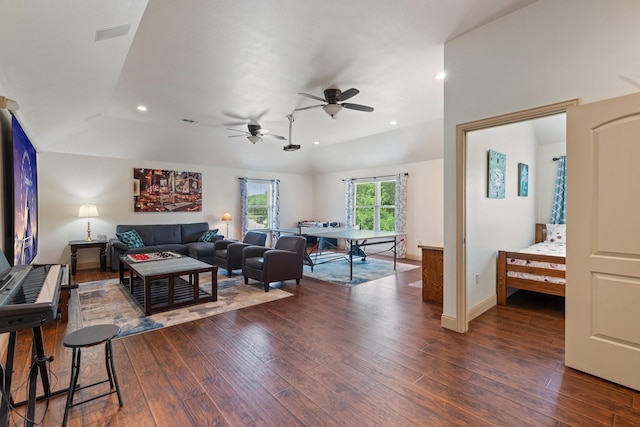 2051 E Oak Shores Dr, Cross Roads, TX 76227 - living area featuring lofted ceiling, dark wood-style floors, ceiling fan, and recessed lighting