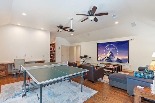 2051 E Oak Shores Dr, Cross Roads, TX 76227 - recreation room featuring lofted ceiling, an office area, a ceiling fan, wood finished floors, and recessed lighting