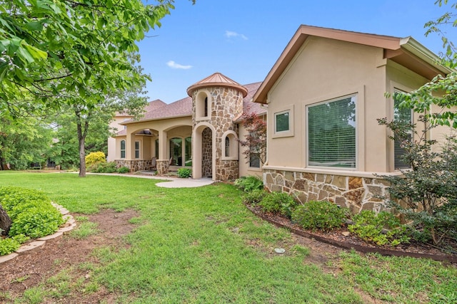 2051 E Oak Shores Dr, Cross Roads, TX 76227 - view of front of property featuring stone siding, a front yard, stucco siding, a standing seam roof, and metal roof