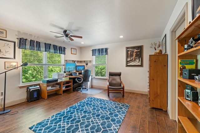 2051 E Oak Shores Dr, Cross Roads, TX 76227 - home office featuring a ceiling fan, baseboards, wood-type flooring, and recessed lighting