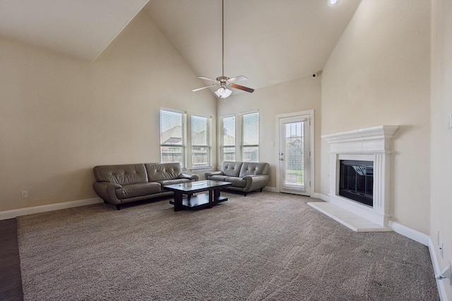 301 Harcourt Ave, Mckinney, TX 75072 - living room with carpet floors, high vaulted ceiling, ceiling fan, and baseboards