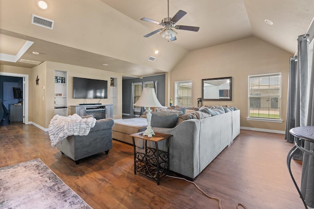 11240 County Road 102, Grandview, TX 76050 - living area with lofted ceiling, dark wood-type flooring, baseboards, a ceiling fan, and recessed lighting