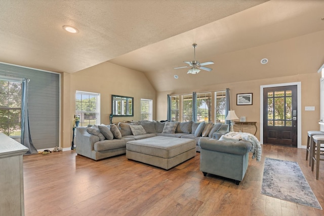 11240 County Road 102, Grandview, TX 76050 - living area featuring wood finished floors, ceiling fan, lofted ceiling, recessed lighting, and baseboards