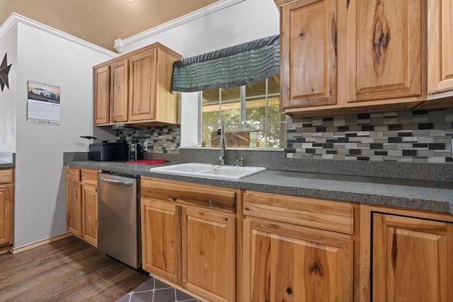 11240 County Road 102, Grandview, TX 76050 - kitchen featuring dishwasher, a sink, dark countertops, decorative backsplash, and ornamental molding