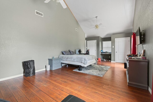 11240 County Road 102, Grandview, TX 76050 - bedroom featuring high vaulted ceiling, hardwood / wood-style flooring, a ceiling fan, and baseboards