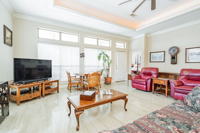 120 Saint Francis Ln, Mabank, TX 75156 - living area featuring a tray ceiling, healthy amount of natural light, ceiling fan, ornamental molding, and wood finished floors