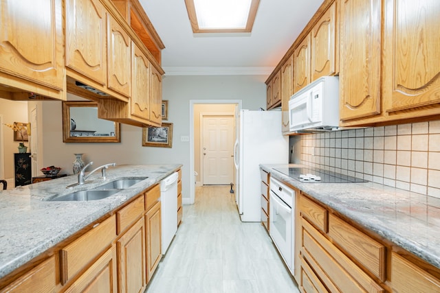 120 Saint Francis Ln, Mabank, TX 75156 - kitchen featuring white appliances, crown molding, light stone counters, tasteful backsplash, and light brown cabinets