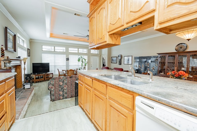 120 Saint Francis Ln, Mabank, TX 75156 - kitchen with white dishwasher, a ceiling fan, a fireplace, ornamental molding, and light stone counters
