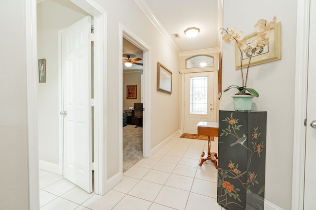 120 Saint Francis Ln, Mabank, TX 75156 - entrance foyer with crown molding, light tile patterned floors, light carpet, and a ceiling fan
