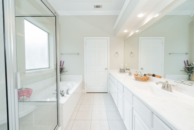 120 Saint Francis Ln, Mabank, TX 75156 - bathroom featuring crown molding, double vanity, a bath, a shower stall, and tile patterned floors