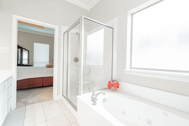 120 Saint Francis Ln, Mabank, TX 75156 - bathroom with ornamental molding, a shower stall, ensuite bath, a whirlpool tub, and tile patterned flooring