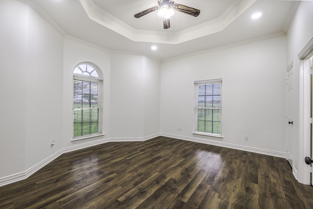 124 Fm 2450, Krum, TX 76249 - spare room featuring a raised ceiling, dark wood-style flooring, a ceiling fan, baseboards, and crown molding