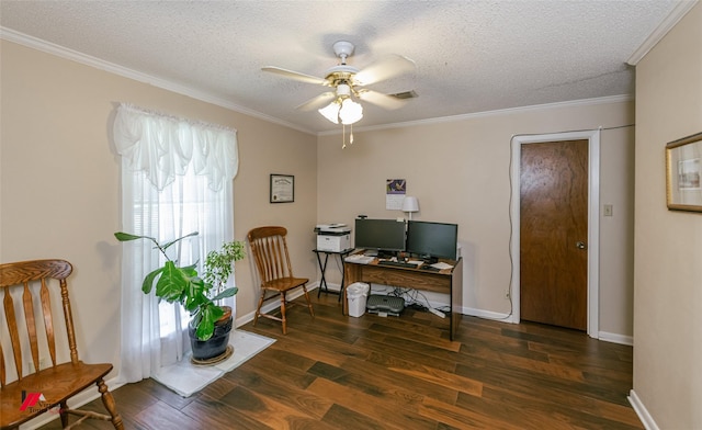 9507 Chapparral Ln, Shreveport, LA 71118 - home office featuring ceiling fan, wood finished floors, a textured ceiling, crown molding, and baseboards