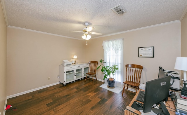9507 Chapparral Ln, Shreveport, LA 71118 - office area with wood finished floors, ceiling fan, ornamental molding, a textured ceiling, and baseboards