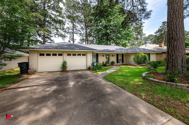 9507 Chapparral Ln, Shreveport, LA 71118 - single story home with brick siding, an attached garage, driveway, a front yard, and a chimney