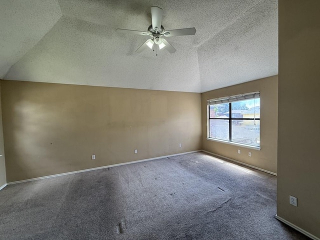 1420 Alta Mesa Ct, Mesquite, TX 75150 - unfurnished room with a textured ceiling, vaulted ceiling, a ceiling fan, carpet floors, and baseboards