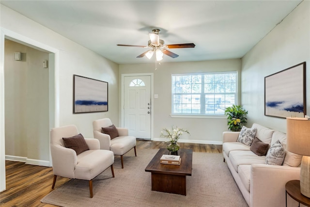 4312 Ridgedale Dr, Mesquite, TX 75150 - living room featuring wood finished floors, ceiling fan, and baseboards