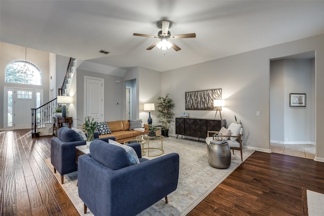 5924 Deerwood Ln, Frisco, TX 75036 - living room featuring wood-type flooring, stairs, ceiling fan, and baseboards