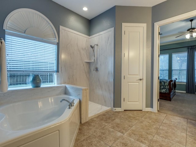 5924 Deerwood Ln, Frisco, TX 75036 - bathroom with walk in shower, a garden tub, ceiling fan, and tile patterned floors