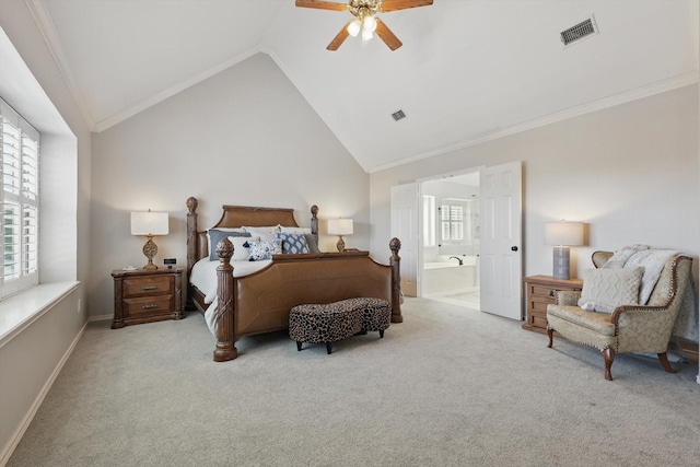3921 Overlake Dr, Plano, TX 75023 - carpeted bedroom with ornamental molding, vaulted ceiling, connected bathroom, a ceiling fan, and baseboards