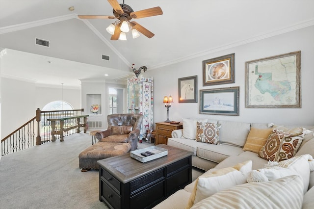 3921 Overlake Dr, Plano, TX 75023 - living area with carpet floors, a ceiling fan, vaulted ceiling, and crown molding