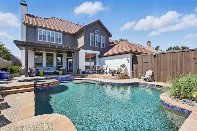 3921 Overlake Dr, Plano, TX 75023 - view of pool with a patio, a fenced backyard, ceiling fan, a pool with connected hot tub, and an outdoor living space