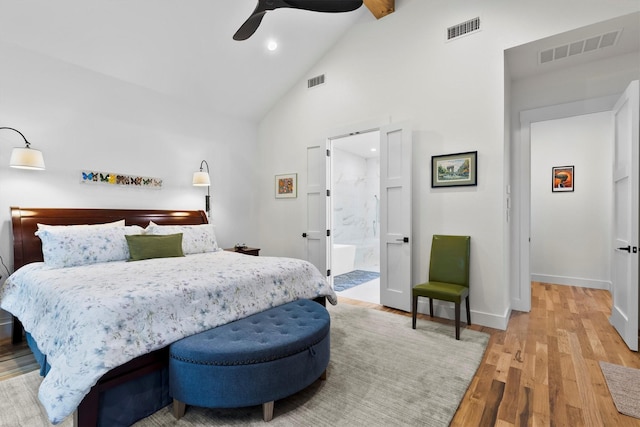 1206 Whisper Rock Dr, Rockwall, TX 75032 - bedroom with light wood-style floors, high vaulted ceiling, baseboards, recessed lighting, and ceiling fan
