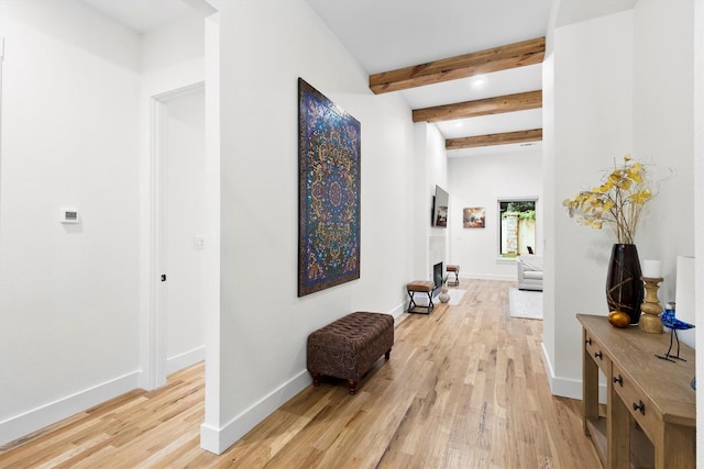 1206 Whisper Rock Dr, Rockwall, TX 75032 - hall featuring light wood-style floors, beam ceiling, baseboards, and recessed lighting