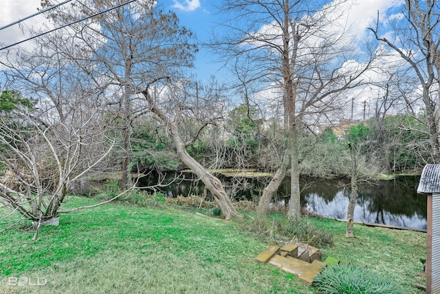view of grassy yard featuring a water view