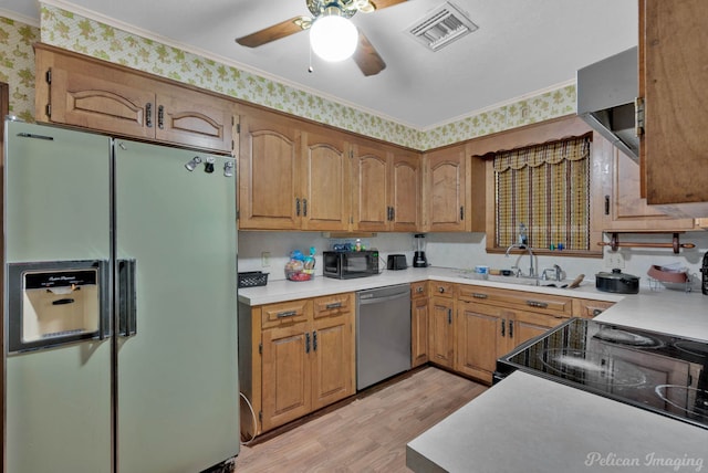 3315 Surrey Rd, Shreveport, LA 71105 - kitchen with white refrigerator with ice dispenser, stainless steel dishwasher, wallpapered walls, ornamental molding, and ceiling fan