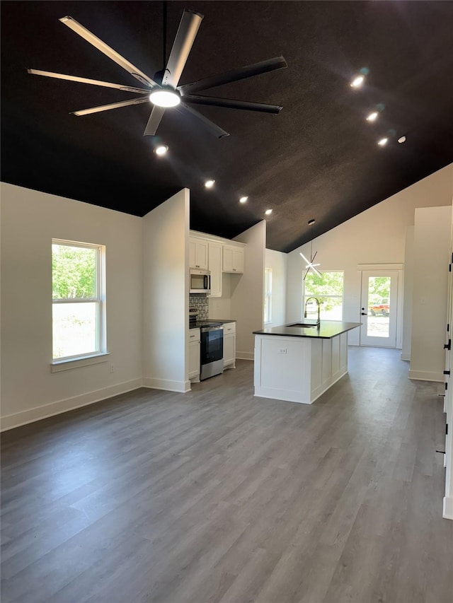 211 N 4th St, Grandview, TX 76050 - kitchen with stainless steel appliances, a sink, dark countertops, plenty of natural light, and high vaulted ceiling