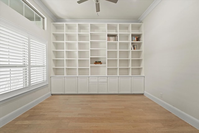 2101 Narrow Rd, Lucas, TX 75002 - empty room with a ceiling fan, crown molding, baseboards, light wood-style flooring, and built in shelves