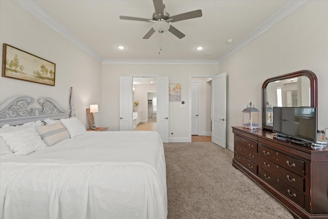 2101 Narrow Rd, Lucas, TX 75002 - bedroom featuring ornamental molding, light carpet, recessed lighting, a ceiling fan, and ensuite bathroom