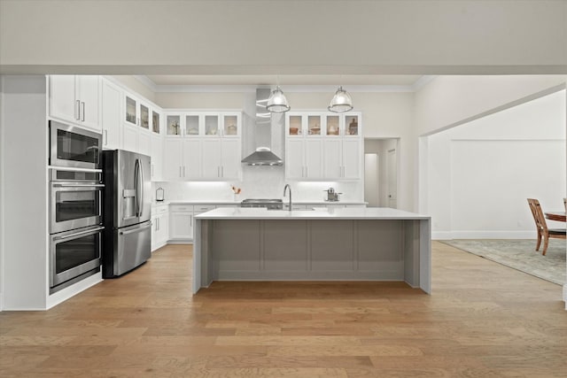 2101 Narrow Rd, Lucas, TX 75002 - kitchen with appliances with stainless steel finishes, wall chimney exhaust hood, light countertops, light wood-style floors, and white cabinets