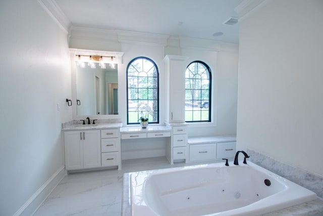 515 Cheryl Ct, Bullard, TX 75757 - bathroom featuring vanity, a whirlpool tub, marble finish floors, crown molding, and baseboards