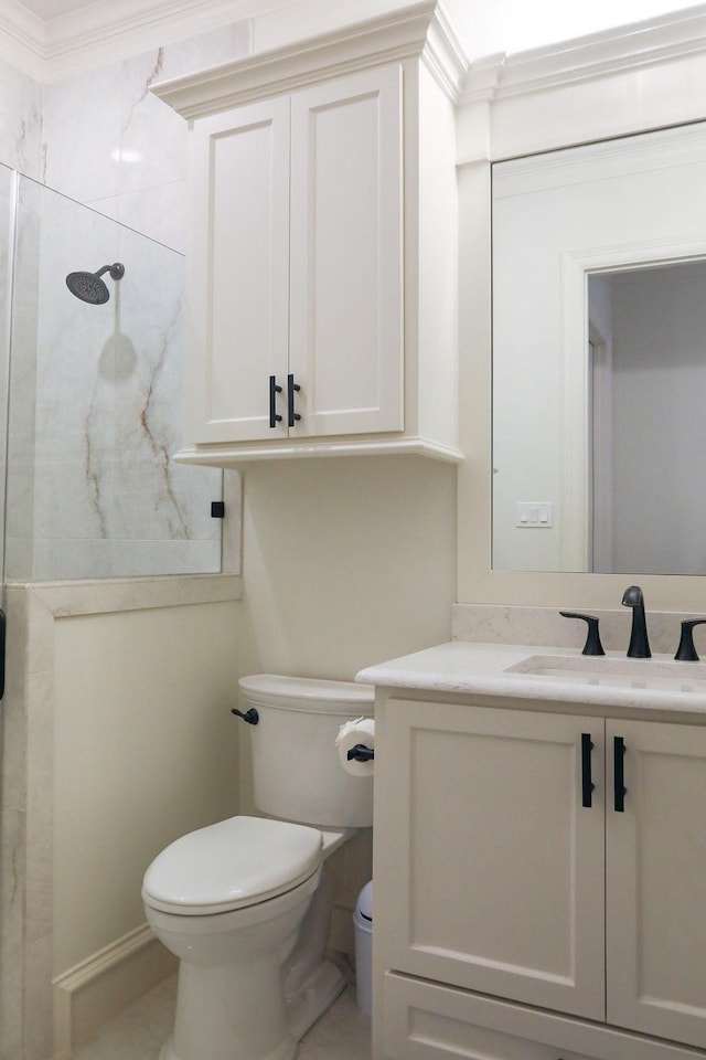 515 Cheryl Ct, Bullard, TX 75757 - bathroom featuring a stall shower, toilet, ornamental molding, vanity, and baseboards