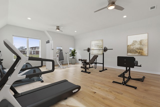 1609 Colonnade Ct, Mckinney, TX 75069 - workout area with ceiling fan, vaulted ceiling, wood finished floors, baseboards, and recessed lighting