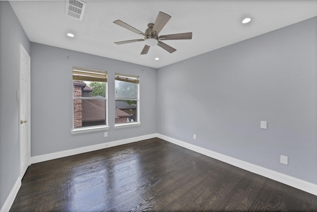 empty room featuring a ceiling fan, wood finished floors, baseboards, and recessed lighting