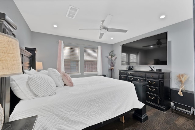 bedroom with dark wood-style floors, recessed lighting, and a ceiling fan