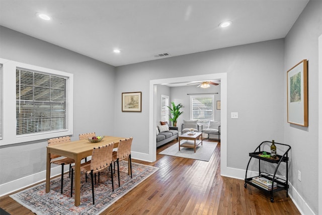 1217 Hawthorne Ave, Fort Worth, TX 76110 - dining area with wood finished floors, baseboards, ceiling fan, and recessed lighting