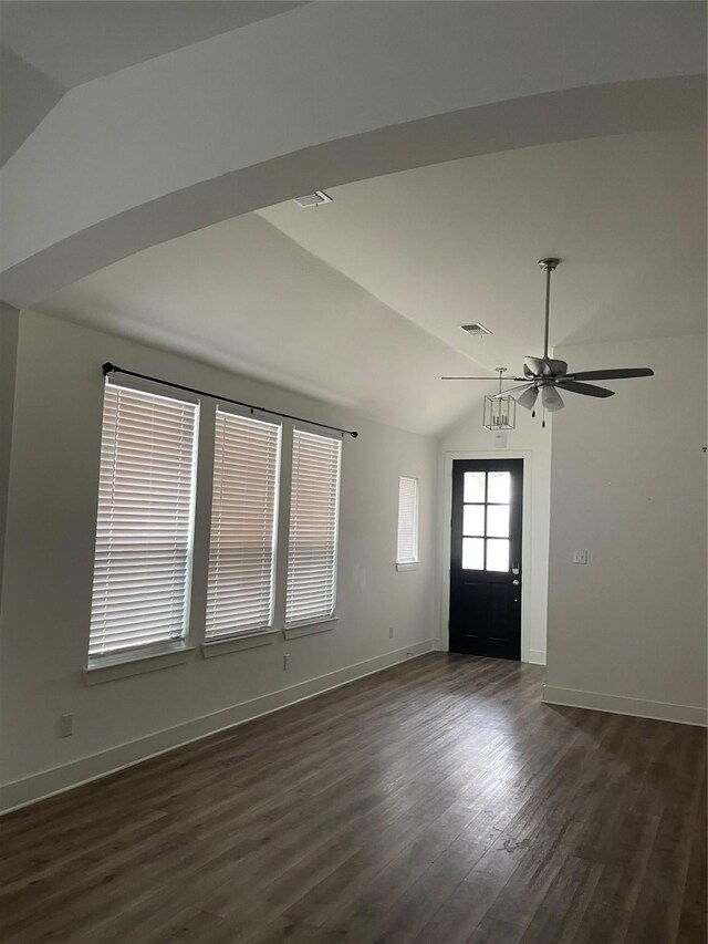 3913 Crystal Cv, Sherman, TX 75090 - spare room with vaulted ceiling, baseboards, dark wood-type flooring, and ceiling fan