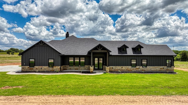 140 Rolling Hills Blvd, Alvord, TX 76225 - modern farmhouse with board and batten siding, a shingled roof, stone siding, and a front yard