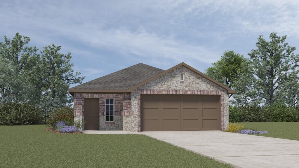 view of front of house with stone siding, an attached garage, concrete driveway, and a front lawn