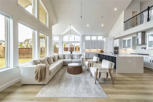 4506 Sky Harbor Dr, Rockwall, TX 75087 - living room featuring high vaulted ceiling, light wood finished floors, and recessed lighting