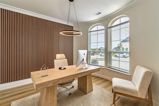 4506 Sky Harbor Dr, Rockwall, TX 75087 - home office with wood finished floors, healthy amount of natural light, crown molding, and baseboards