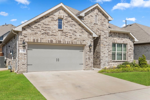 french country style house featuring brick siding, concrete driveway, a garage, and a shingled roof