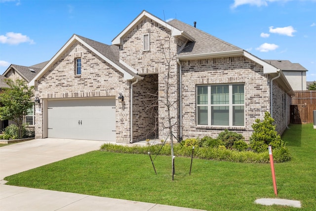 french country inspired facade featuring driveway, brick siding, roof with shingles, and an attached garage