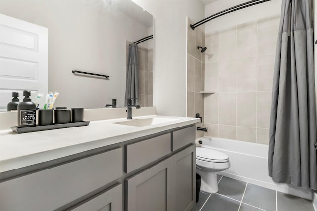 full bathroom with toilet, shower / bath combination with curtain, vanity, and tile patterned flooring