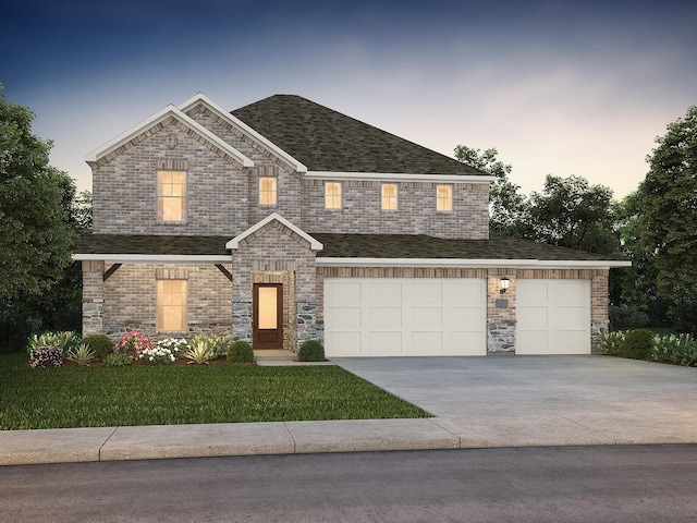 2102 Windy Trl, Princeton, TX 75407 - view of front of home with concrete driveway, a front yard, a garage, a shingled roof, and brick siding